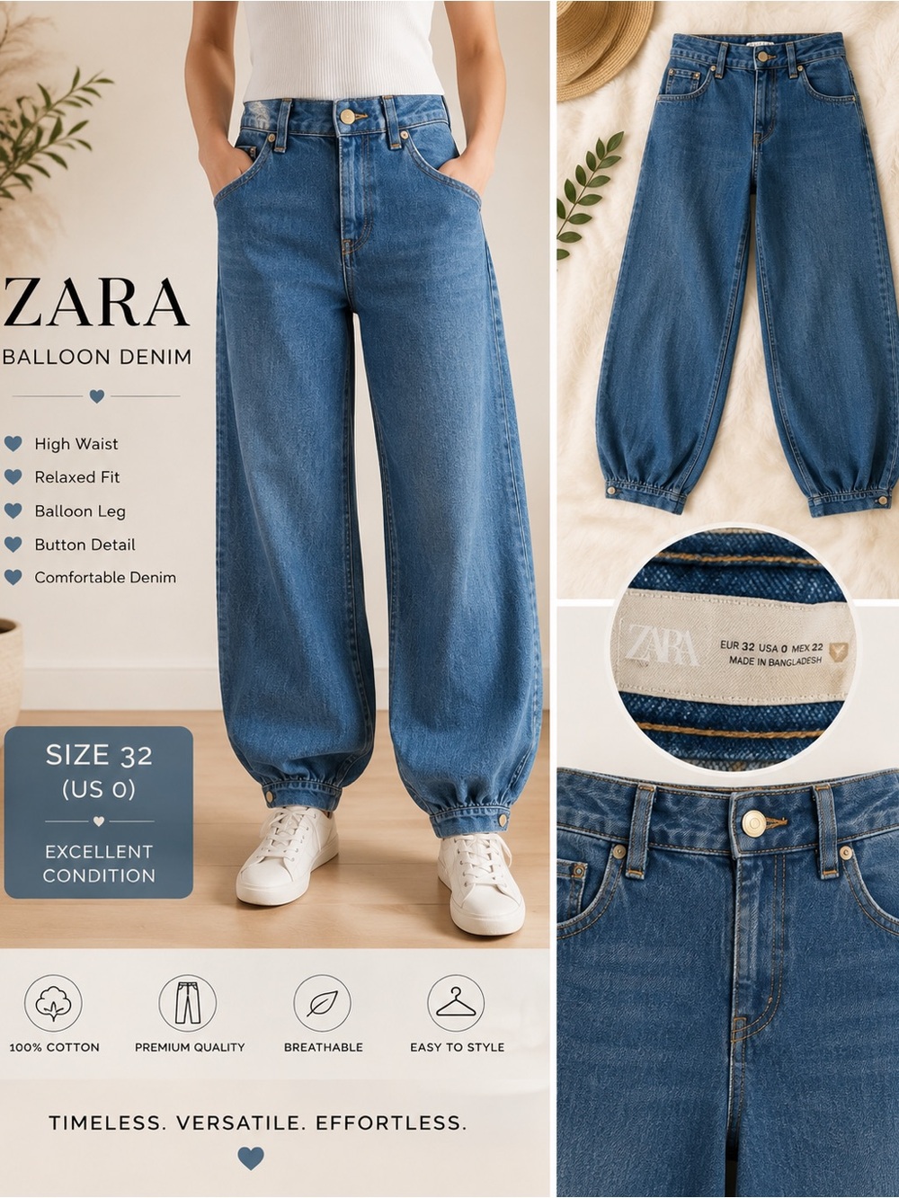Zara Medium Blue Balloon Denim Boyfriend Jeans